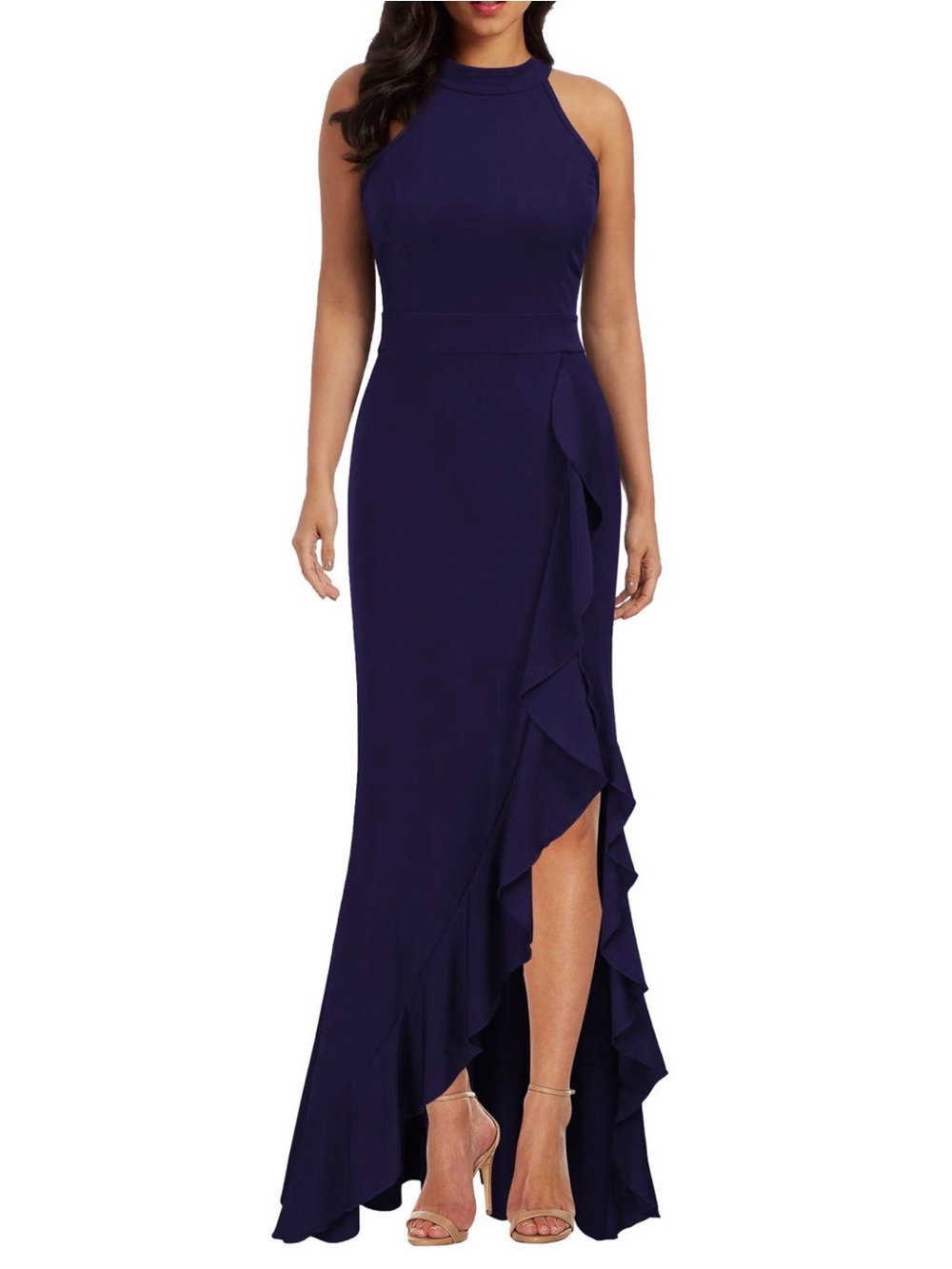 Women's High Neck Split Bodycon Mermaid Evening Long Dress Navy Blue - Medium